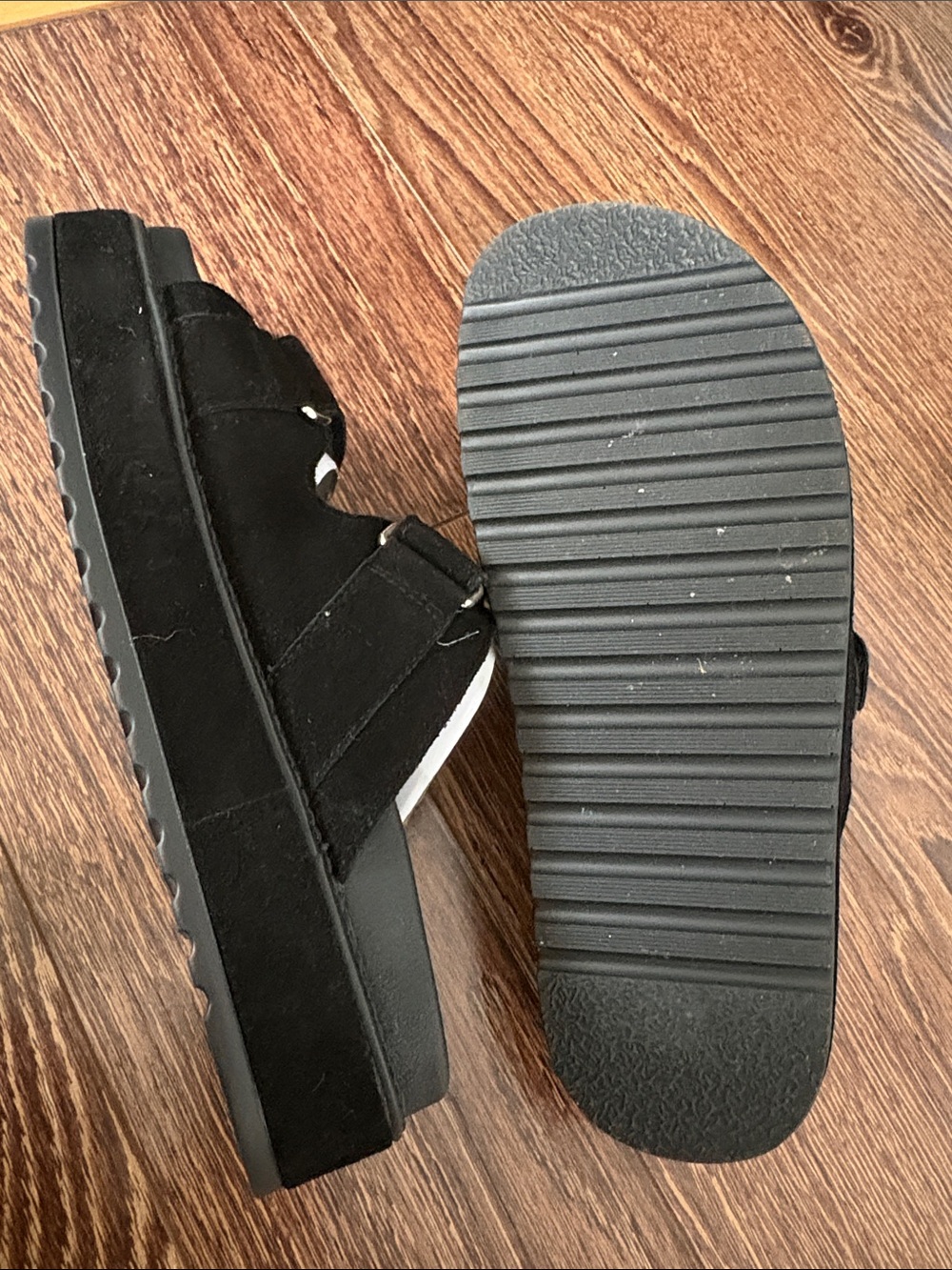 Steve Madden Black Suede Double Strap Slide Sandals with Gold Buckles - Picture 7 of 12